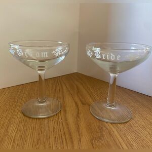 VINTAGE Clear Glass Bride and Groom Champagne Coupes